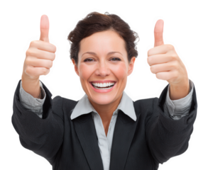 Smiling businesswoman thumbs up positive gesture isolated on transparency background, confident professional female in suit expressing happiness and approval, cheerful office worker success