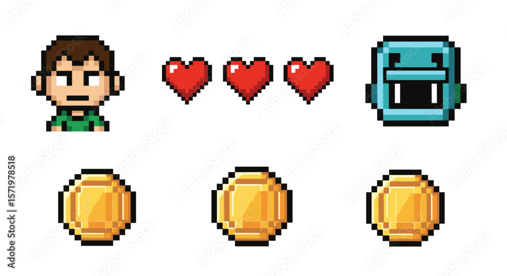 Poster pixelated video game interface showing character health coins and an enemy character sprite icon