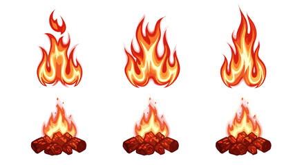 Illustration showing different stages of fire flames and campfires on a white background design vector