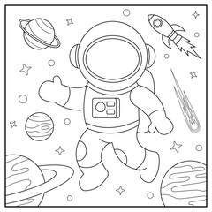 Astronaut in space. Black and white vector illustration for coloring book.