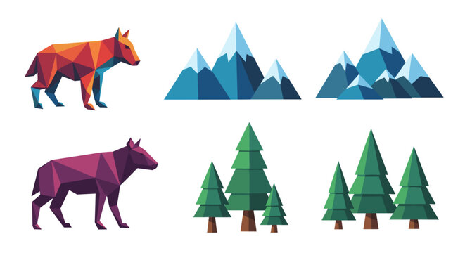 Geometric animals and nature elements including wolves mountains and trees in a minimalist design style