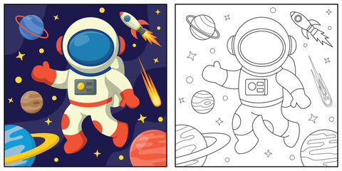 Cute astronaut in space planet around outline vector for children coloring page or book design.