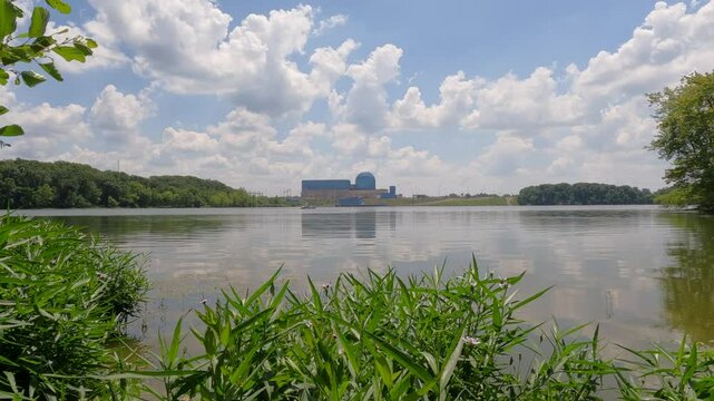 A nuclear power plant on a cooling lake. Views of the station from across the lake. The lake was constructed primarily as a cooling lake for the power station, it is also used recreationally. 