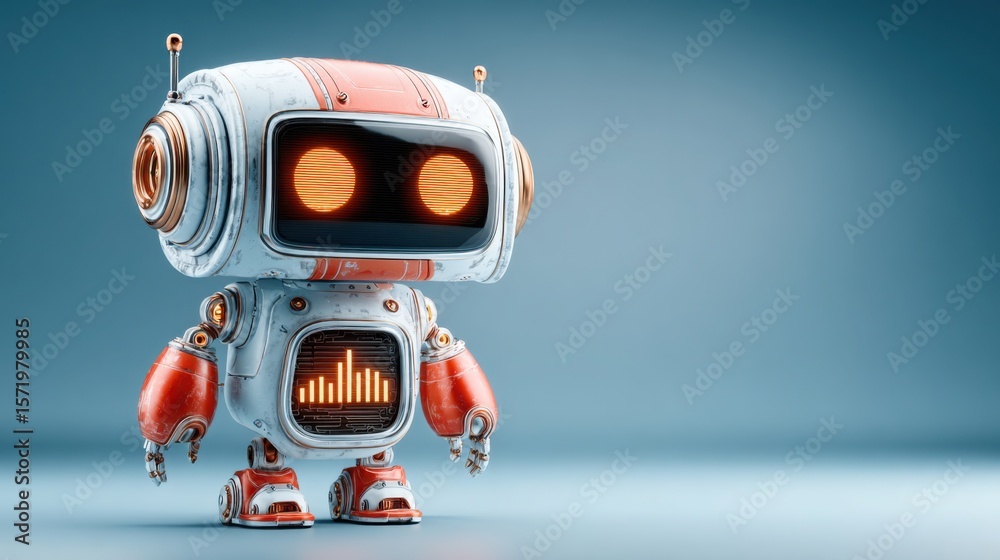 Poster futuristic robot with illuminated red light on its face symbolizing alertness and detection of ineff