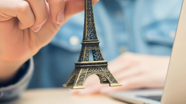 A close-up of a woman's hand holding a miniature Eiffel Tower keychain on a work desk with a laptop in the background. This image represents the concept of traveling, dreams of goin,eiffel tower paris