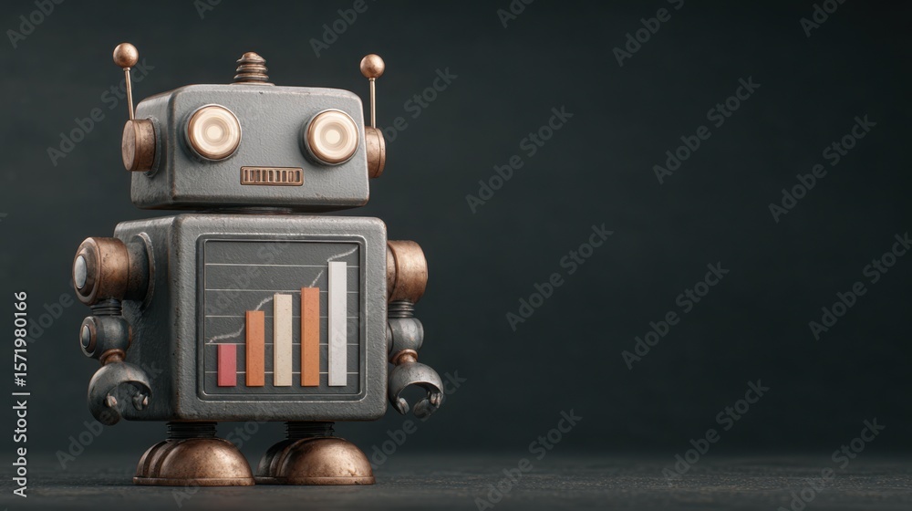 Poster insightful robot with a bar graph chart illustrating ai's role in business forecasting and data anal