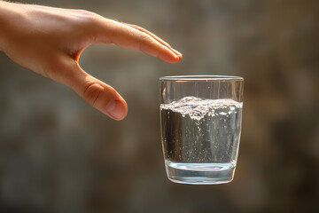 a hand reaching for a glass of water