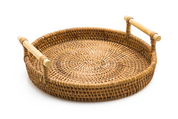 Handwoven Rattan Serving Tray with Handles for Fruits and Home Decor Isolated on White Background
