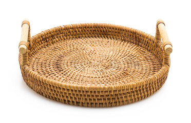 Handwoven Rattan Serving Tray with Handles for Fruits and Home Decor Isolated on White Background