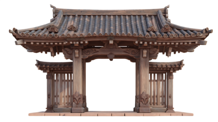 Ancient Weathered Wooden Gate With Curved Roof And Carved Details