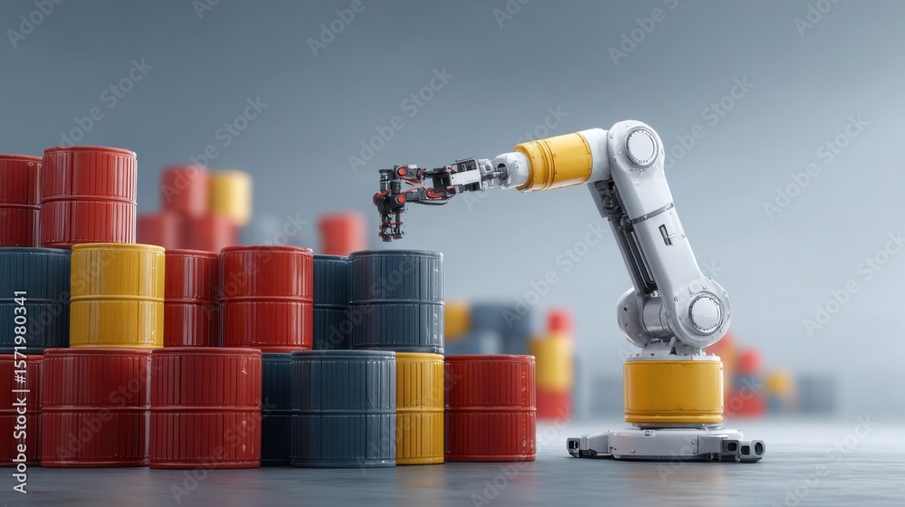 Poster robot standing confidently on a stack of barrels illustrating the efficient tracking of commodities 