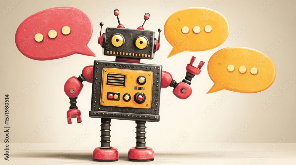 Poster robot with a speech bubble indicating interaction and communication in the field of cryptocurrency s