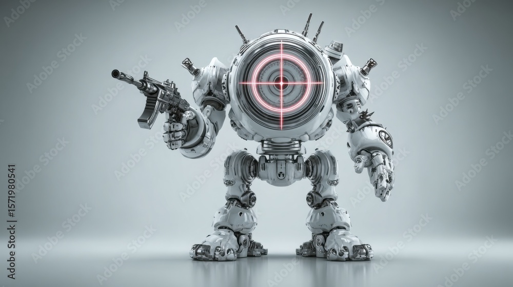 Poster robot holding a gun symbolizing precision and targeting in an advanced technological environment for