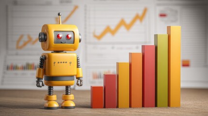 Fototapeta premium Robot standing next to a bar chart depicting analysis and growth in the high-tech world of alpha financial trends