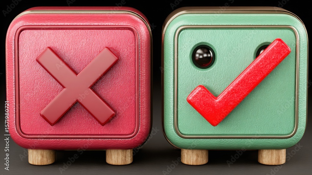 Poster two differently colored boxes with tick symbol representing ai risk control unit icon concept in rob