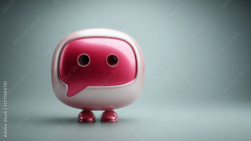 Poster pink robot with speech bubble representing ai stakeholder dashboard icon concept for summarizing bus