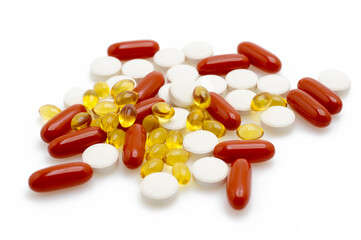 Assorted Pharmaceutical Pills and Capsules on White Isolated Background &ndash; Medicinal Tablets, Capsules and Dietary Supplements