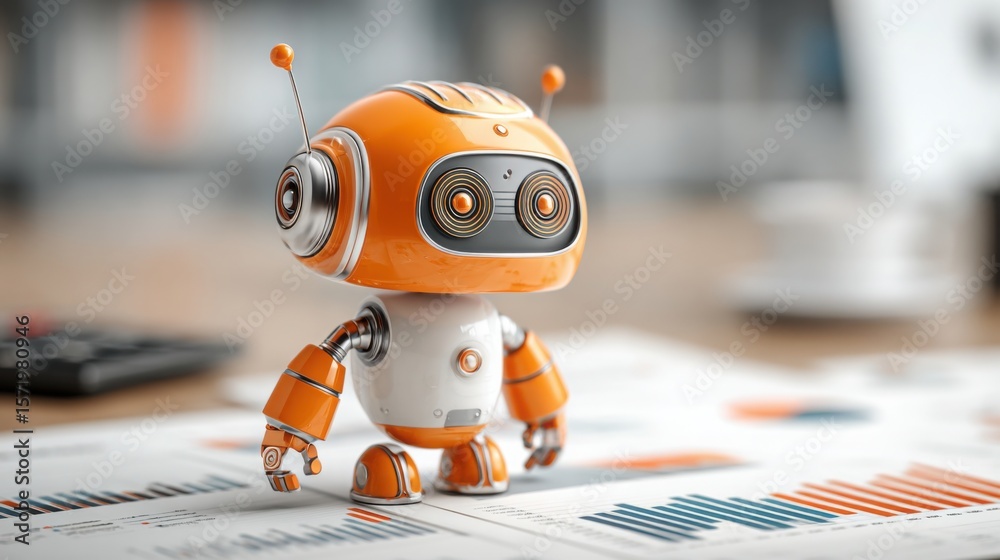 Poster robot on a table performing an automated business audit demonstrating advanced technology in busines