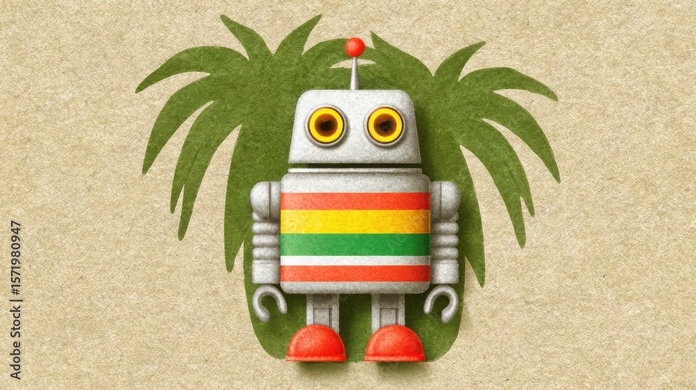 Poster robot with a flag symbolizing workforce coordination and human resource management in an ai-driven e