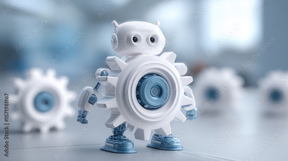 Poster robot with gears in the background illustrating business automation core concept with focus on mecha