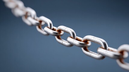 A metal chain with visible rust spots extending diagonally across a muted blue background