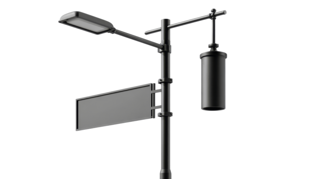 Street light post with a light fixture, blank sign, and cylinder attachment is on transparent background.
