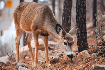 Young deer foraging on forest floor in a natural autumn woodland setting
