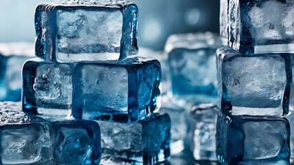 Blue Ice Cubes Close-Up with Frosty Texture