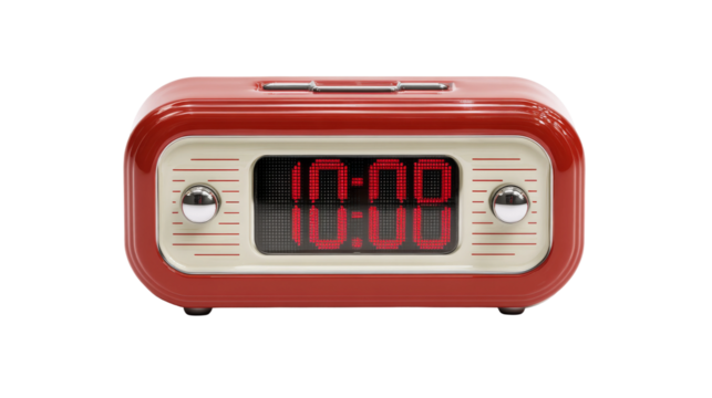 Red digital alarm clock shows the time of ten o'clock isolated on transparent background.
