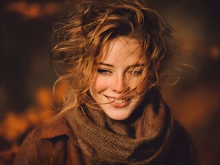 A beautiful smiling young woman with freckles is wrapped in a warm scarf du the autumn season outdoors.