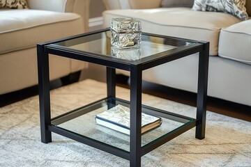End table with black frame and glass top, square shape with two bottom shelves for storage