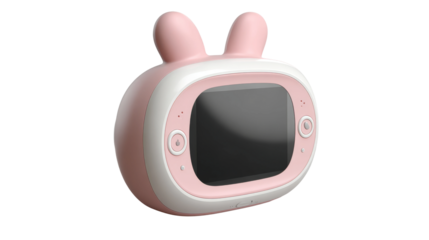 Isolated pink electronic toy has a display screen and rabbit ear shaped decorations.