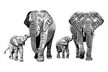 Detailed black and white engraving depicts a heartwarming scene of elephant families, capturing the essence of african wildlife and the bond between mother and child © Pixel Art