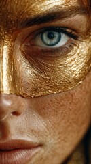 Fototapeta premium Close up of a woman's eye and cheek partially covered with shimmering gold leaf