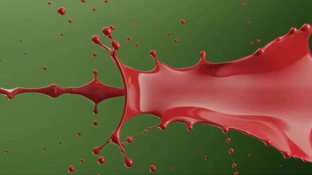Green screen video or pre-keyed footage of physical red paint splatter or drip with alpha channel transparency. High-resolution, realistic texture and motion. Includes dynamic paint movement such as s