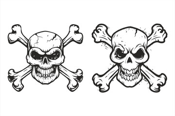 Striking black and white drawing features two skulls with crossbones, evoking a sense of danger and mortality, perfect for pirate themes or edgy designs