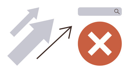 Upward pointing arrows beside red cross and magnifying glass search bar, representing error, failed search, and obstacles. Ideal for web, navigation, analytics, UIUX, problem-solving