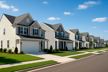 Beige and gray houses with dark roofs and blue shutters residential suburban