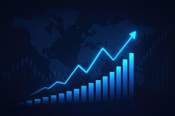 Blue upward trending graph with global map background chart growth
