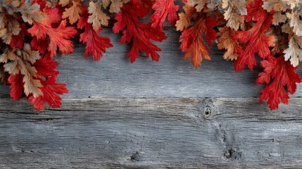 Obraz premium Vibrant red autumn leaves frame rustic gray wooden planks creating a beautiful seasonal background scene.