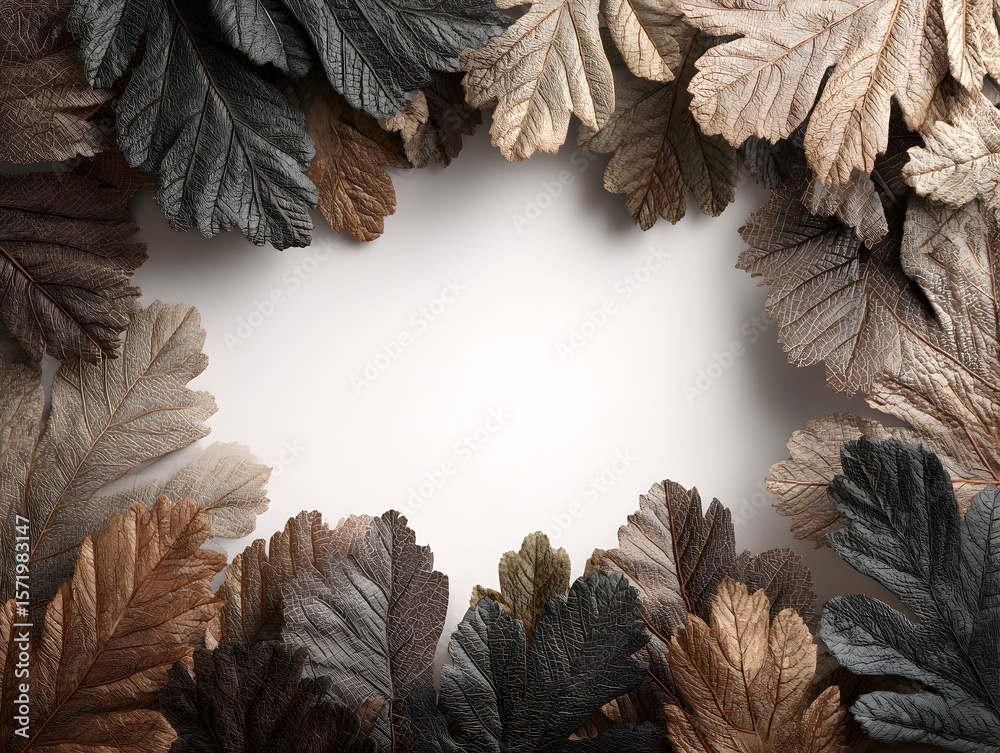 Wall mural decorative autumn leaves in neutral tones create a blank oval frame with central copy space for text