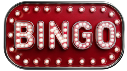 Bingo sign shows bright bulbs on a red marquee surface.