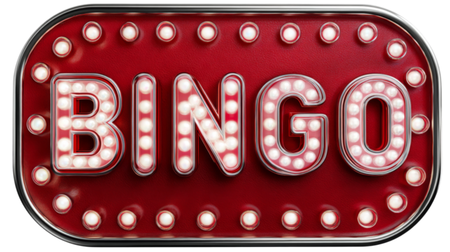 Bingo sign shows bright bulbs on a red marquee surface.