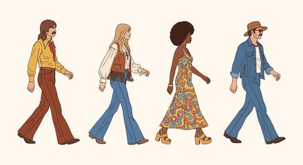 70s Retro People Walking Vintage Style.