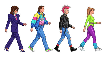 Fototapeta premium 80s Fashion Walk Retro Style Group.