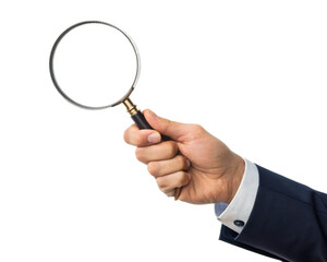 hand holding magnifying glass on transparent background
