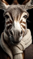 Close up portrait of a donkey with zebra stripes wearing a knitted scarf and coat