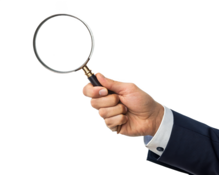 hand holding magnifying glass on transparent background