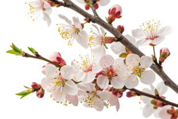 Delicate cherry blossom branch with white pink flowers, yellow stamens, red buds, representing spring renewal and natural beauty.