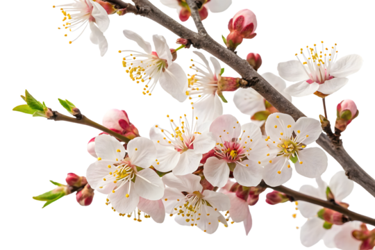 Delicate cherry blossom branch with white pink flowers, yellow stamens, red buds, representing spring renewal and natural beauty.